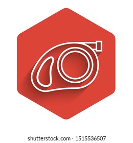 White line Retractable cord leash with carabiner icon isolated with long shadow. Pet dog lead. Pet supplies. Animal accessory for outdoors walk. Red hexagon button. Vector Illustration