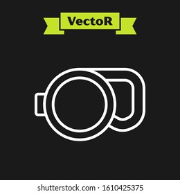 White Line Retractable Cord Leash With Carabiner Icon Isolated On Black Background. Pet Dog Lead. Animal Accessory For Outdoors Walk.  Vector Illustration