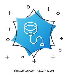 White line Retractable cord leash with carabiner icon isolated on white background. Pet dog lead. Animal accessory for outdoors walk. Blue hexagon button. Vector