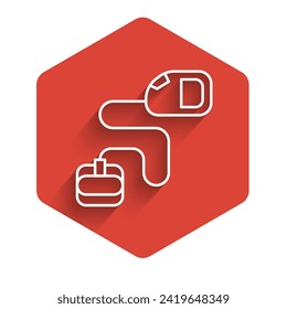 White line Retractable cord leash with carabiner icon isolated with long shadow. Pet dog lead. Animal accessory for outdoors walk. Red hexagon button. Vector