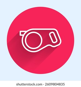 White line Retractable cord leash with carabiner icon isolated with long shadow background. Pet dog lead. Animal accessory for outdoors walk. Red circle button. Vector