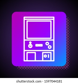 White line Retro arcade game machine icon isolated on black background. Square color button. Vector Illustration