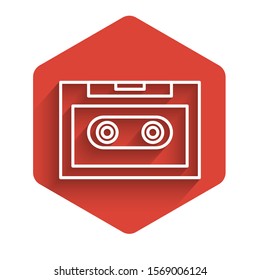 White line Retro audio cassette tape icon isolated with long shadow. Red hexagon button. Vector Illustration