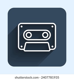 White line Retro audio cassette tape icon isolated with long shadow background. Blue square button. Vector