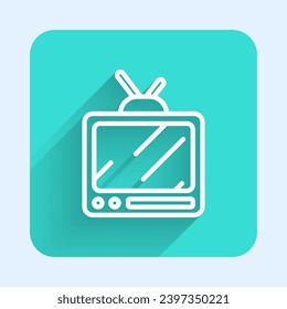 White line Retro tv icon isolated with long shadow. Television sign. Green square button. Vector