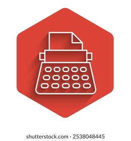 White line Retro typewriter and paper sheet icon isolated with long shadow. Red hexagon button. Vector