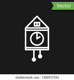 White line Retro wall watch icon isolated on black background. Cuckoo clock sign. Antique pendulum clock.  Vector Illustration