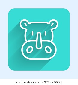 White line Rhinoceros icon isolated with long shadow background. Animal symbol. Green square button. Vector