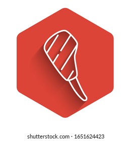 White line Rib eye steak icon isolated with long shadow. Steak tomahawk. Piece of meat. Red hexagon button. Vector Illustration