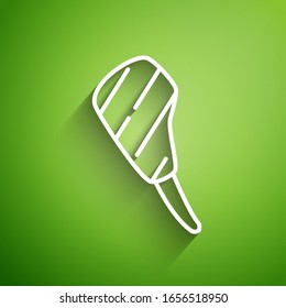 White line Rib eye steak icon isolated on green background. Steak tomahawk. Piece of meat.  Vector Illustration