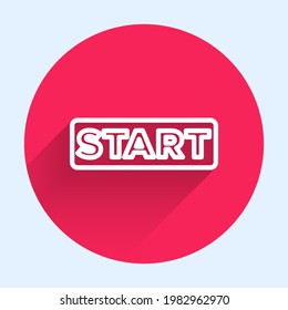 White line Ribbon in finishing line icon isolated with long shadow. Symbol of finish line. Sport symbol or business concept. Red circle button. Vector