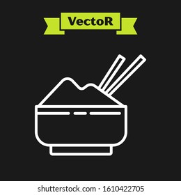 White line Rice in a bowl with chopstick icon isolated on black background. Traditional Asian food.  Vector Illustration
