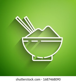 White line Rice in a bowl with chopstick icon isolated on green background. Traditional Asian food.  Vector Illustration