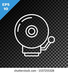 White line Ringing alarm bell icon isolated on transparent dark background. Alarm symbol, service bell, handbell sign, notification symbol.  Vector Illustration