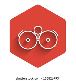 White line Ringing alarm bell icon isolated with long shadow. Alarm symbol, service bell, handbell sign, notification symbol. Red hexagon button. Vector Illustration