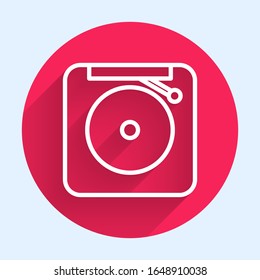 White line Ringing alarm bell icon isolated with long shadow. Fire alarm system. Service bell, handbell sign, notification symbol. Red circle button. Vector Illustration