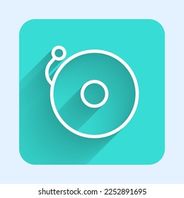 White line Ringing alarm bell icon isolated with long shadow. Alarm symbol, service bell, handbell sign, notification symbol. Green square button. Vector Illustration
