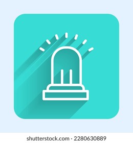White line Ringing alarm bell icon isolated with long shadow. Fire alarm system. Service bell, handbell sign, notification symbol. Green square button. Vector