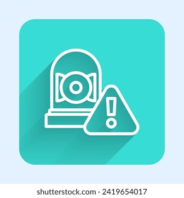 White line Ringing alarm bell icon isolated with long shadow. Alarm symbol, service bell, handbell sign, notification symbol. Green square button. Vector