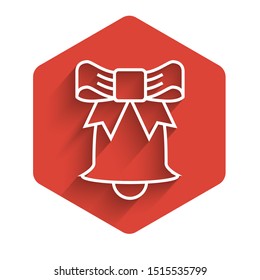 White line Ringing bell icon isolated with long shadow. Alarm symbol, service bell, handbell sign, notification symbol. Red hexagon button. Vector Illustration