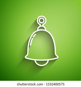 White line Ringing bell icon isolated on green background. Alarm bell symbol. Service handbell notification sign, symbol.  Vector Illustration