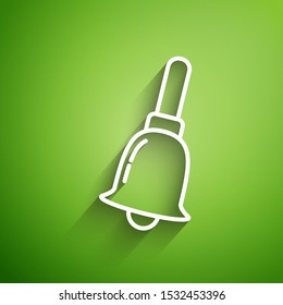 White line Ringing bell icon isolated on green background. Alarm symbol, service bell, handbell sign, notification symbol.  Vector Illustration