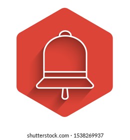 White line Ringing bell icon isolated with long shadow. Alarm symbol, service bell, handbell sign, notification symbol. Red hexagon button. Vector Illustration