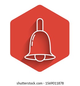 White line Ringing bell icon isolated with long shadow. Alarm symbol, service bell, handbell sign, notification symbol. Red hexagon button. Vector Illustration