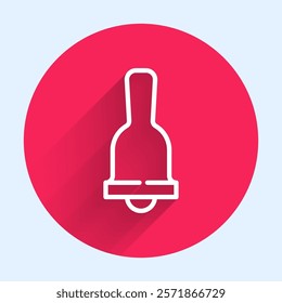 White line Ringing bell icon isolated with long shadow. Alarm symbol, service bell, handbell sign, notification symbol. Red circle button. Vector