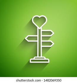White line Road traffic sign. Signpost with heart icon isolated on green background. Isolated street information sign. Direction sign.  Vector Illustration