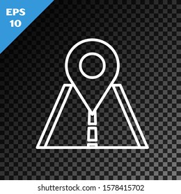 White line Road traffic sign. Signpost icon isolated on transparent dark background. Pointer symbol. Isolated street information sign. Direction sign.  Vector Illustration