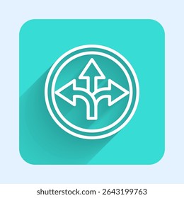 White line Road traffic sign. Signpost icon isolated with long shadow. Pointer symbol. Isolated street information sign. Direction sign. Green square button. Vector Illustration