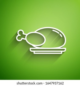 White line Roasted turkey or chicken icon isolated on green background.  Vector Illustration