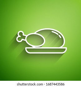 White line Roasted turkey or chicken icon isolated on green background.  Vector Illustration