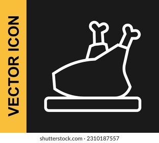 Línea blanca Ícono de pavo o pollo asado aislado en el fondo negro.  Vector