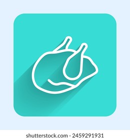 White line Roasted turkey or chicken icon isolated with long shadow. Green square button. Vector
