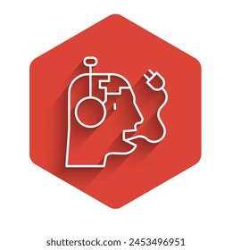 White line Robot charging battery icon isolated with long shadow. Artificial intelligence, machine learning, cloud computing. Red hexagon button. Vector