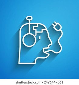 White line Robot charging battery icon isolated on blue background. Artificial intelligence, machine learning, cloud computing. Long shadow. Vector