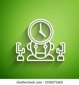 White line Robot and digital time manager icon isolated on green background. Time management assistance, workflow optimization help.  Vector Illustration
