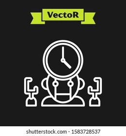White line Robot and digital time manager icon isolated on black background. Time management assistance, workflow optimization help.  Vector Illustration