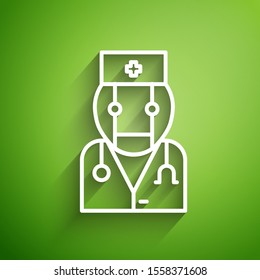 White line Robot doctor icon isolated on green background. Medical online consultation robotic silhouette artificial intelligence.  Vector Illustration