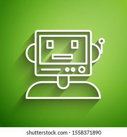 White line Robot icon isolated on green background.  Vector Illustration