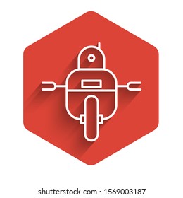 White line Robot icon isolated with long shadow. Red hexagon button. Vector Illustration