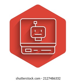 White line Robot icon isolated with long shadow. Artificial intelligence, machine learning, cloud computing. Red hexagon button. Vector