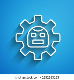 Icono de Robot de línea blanca aislado en fondo azul. Inteligencia artificial, aprendizaje automático, computación en la nube. Larga sombra. Vector