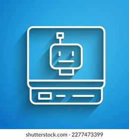 White line Robot icon isolated on blue background. Artificial intelligence, machine learning, cloud computing. Long shadow. Vector