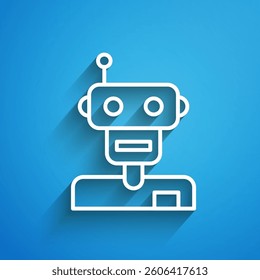 White line Robot icon isolated on blue background. Long shadow. Vector