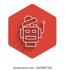 White line Robot icon isolated with long shadow. Artificial intelligence, machine learning, cloud computing. Red hexagon button. Vector