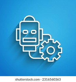 White line Robot setting icon isolated on blue background. Artificial intelligence, machine learning, cloud computing. Long shadow. Vector