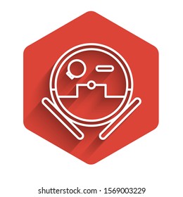 White line Robot vacuum cleaner icon isolated with long shadow. Home smart appliance for automatic vacuuming, digital device for house cleaning. Red hexagon button. Vector Illustration